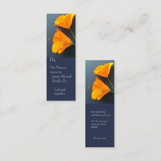 青い背景のカリフォルニアのケシ スキニー名刺 (正面/裏面)