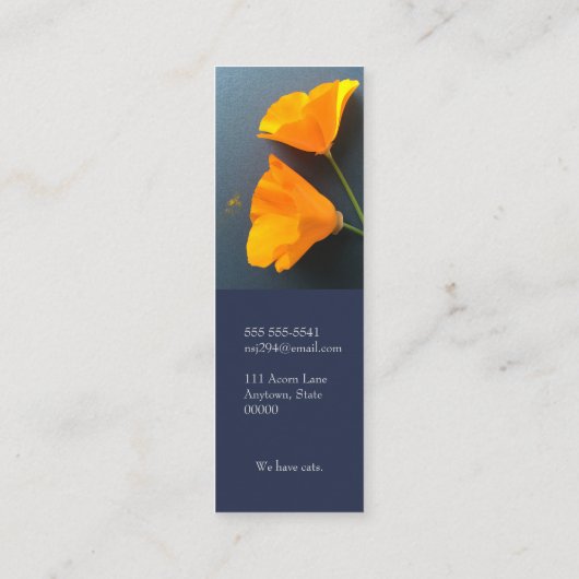 青い背景のカリフォルニアのケシ スキニー名刺 (裏面)