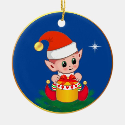 青い背景のキュートなクリスマスエルフと星 セラミックオーナメント (正面)