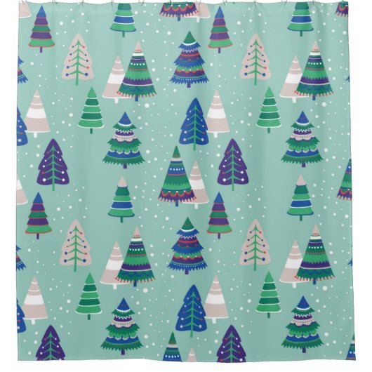 青い背景のクリスマスツリー シャワーカーテン (正面)
