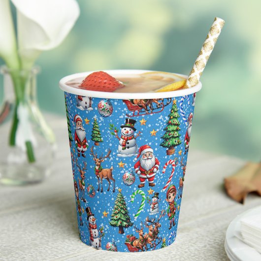 青い背景のクリスマス柄 紙コップ