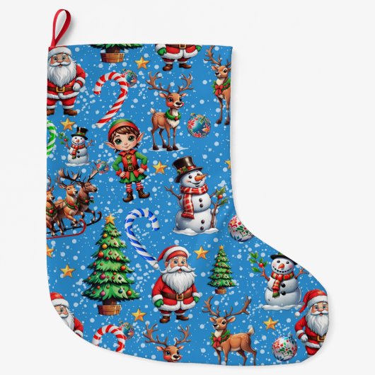 青い背景のクリスマス装飾パターン ラージクリスマスストッキング (正面)