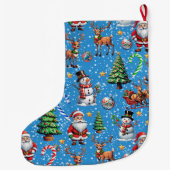 青い背景のクリスマス装飾パターン ラージクリスマスストッキング (裏面)