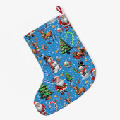 青い背景のクリスマス装飾パターン ラージクリスマスストッキング (裏面 (吊り時))