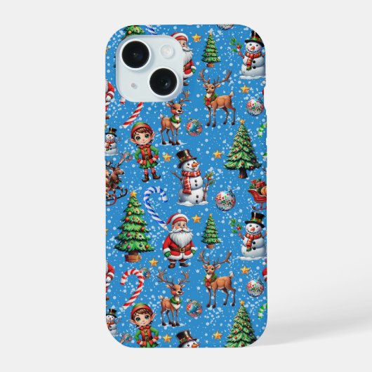 青い背景のクリスマス装飾パターン iPhone 15ケース (裏面)