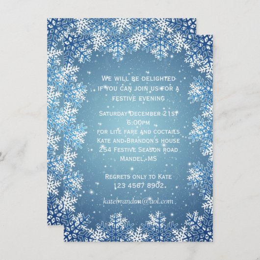 青い背景のクリスマス・パーティの雪片 招待状 (正面/裏面)