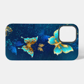 青い背景のゴールデンバタフライ iPhoneケース (裏面横)
