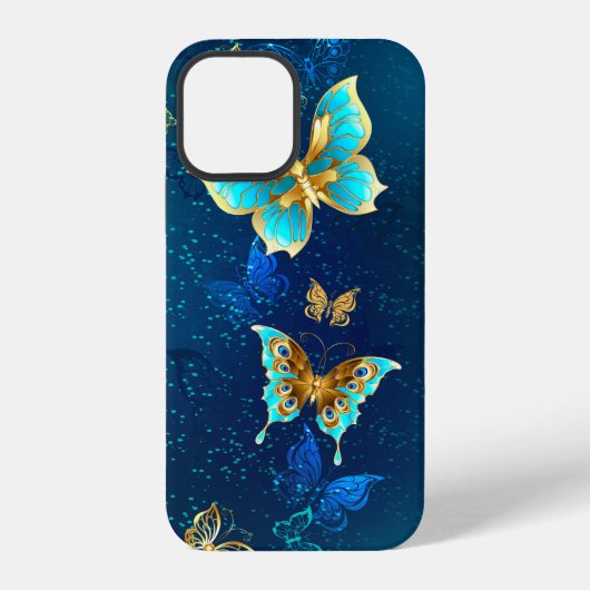 青い背景のゴールデンバタフライ iPhoneケース (裏面)