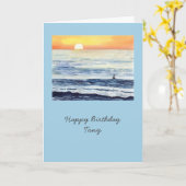 青い背景のサンライズでサーファー カード (黄色い花)