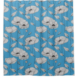 青い背景のシャワーカーテンに白い花 シャワーカーテン