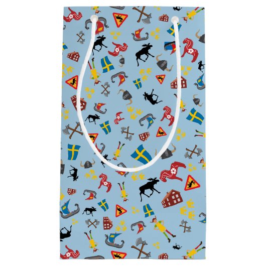 青い背景のスウェーデン文化項目 スモールペーパーバッグ (正面)