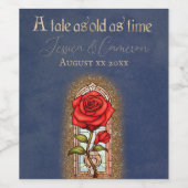 青い背景のステンドグラス ローズ ビューティーとビースト ワインラベル (シングルラベル)