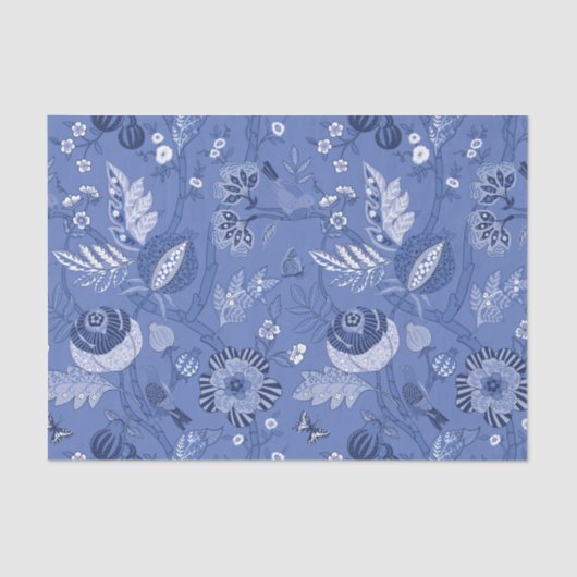 青い背景のデコページ上のChinoiserieデザイン 薄葉紙 (正面)