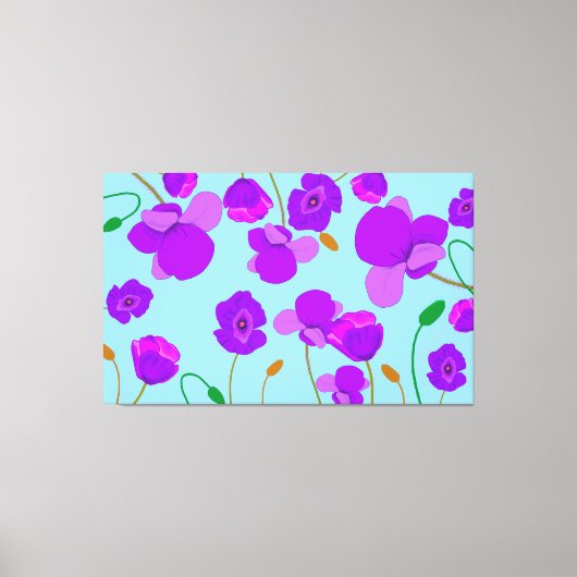 青い背景のパッ淡い色のバーポピー薄紫 キャンバスプリント (正面)