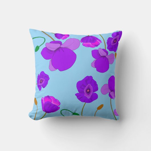 青い背景のパッ淡い色のバーポピー薄紫 クッション (正面)