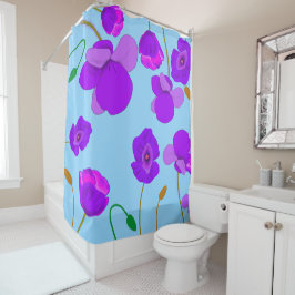 青い背景のパッ淡い色のバーポピー薄紫 シャワーカーテン