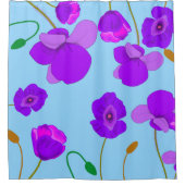 青い背景のパッ淡い色のバーポピー薄紫 シャワーカーテン (正面)