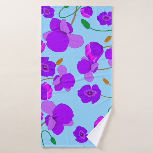 青い背景のパッ淡い色のバーポピー薄紫 バスタオル (バスタオル)