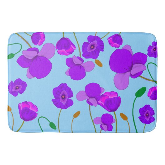 青い背景のパッ淡い色のバーポピー薄紫 バスマット (正面)
