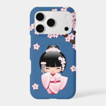 青い背景のピンクの着物の可愛いこけし人形