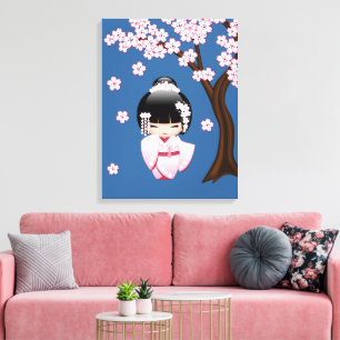 青い背景のピンクの着物の可愛いこけし人形 キャンバスプリント