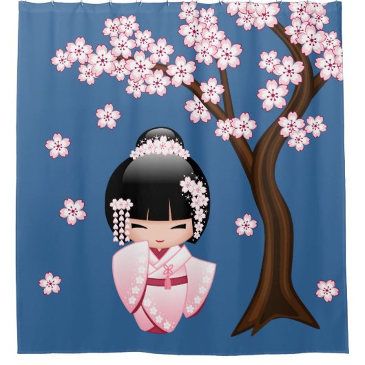 青い背景のピンクの着物の可愛いこけし人形 シャワーカーテン (正面)