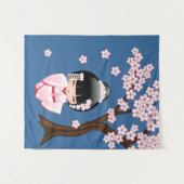 青い背景のピンクの着物の可愛いこけし人形 タペストリー (正面(横))