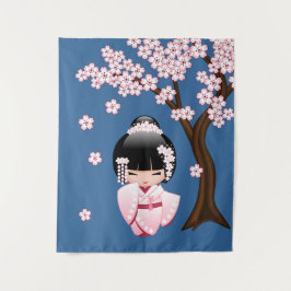 青い背景のピンクの着物の可愛いこけし人形 タペストリー