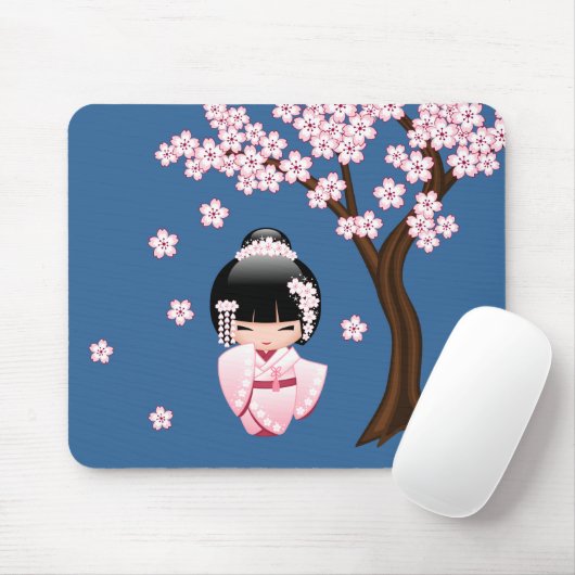 青い背景のピンクの着物の可愛いこけし人形 マウスパッド (マウス)