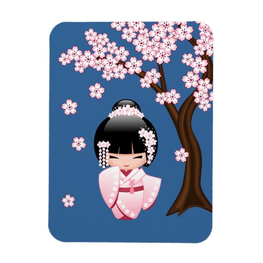 青い背景のピンクの着物の可愛いこけし人形 マグネット (縦)