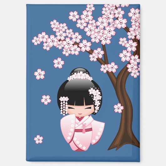 青い背景のピンクの着物の可愛いこけし人形 マグネット (正面)