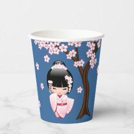 青い背景のピンクの着物の可愛いこけし人形 紙コップ