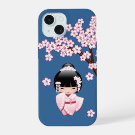 青い背景のピンクの着物の可愛いこけし人形 iPhone 15ケース