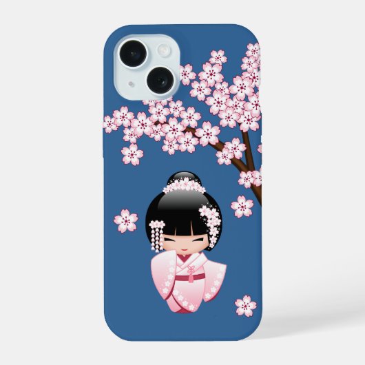 青い背景のピンクの着物の可愛いこけし人形 iPhone 15ケース (裏面)