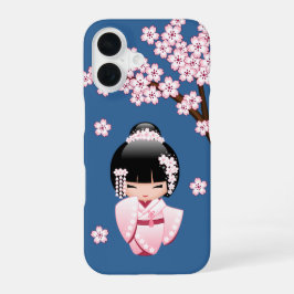 青い背景のピンクの着物の可愛いこけし人形 iPhone 16ケース