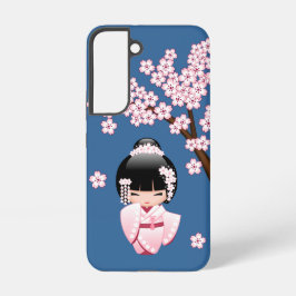 青い背景のピンクの着物の可愛いこけし人形 SAMSUNG GALAXY S22ケース