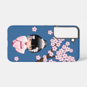 青い背景のピンクの着物の可愛いこけし人形 SAMSUNG GALAXYケース (裏面横)