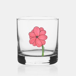 青い背景のピンクの花 ウイスキーグラス
