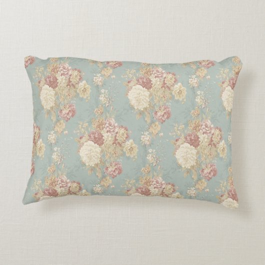 青い背景のピンク色の白い赤面バラ アクセントクッション (裏面)