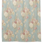 青い背景のピンク色の白い赤面バラ シャワーカーテン (正面)