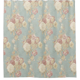 青い背景のピンク色の白い赤面バラ シャワーカーテン