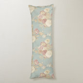 青い背景のピンク色の白い赤面バラ ボディピロー (裏面 (縦))