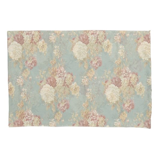 青い背景のピンク色の白い赤面バラ 枕カバー (正面)