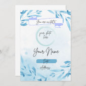 青い背景のフローラ誕生日の招待 招待状 (正面/裏面)