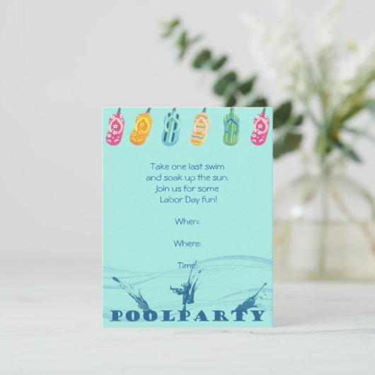 青い背景のプールパーティーとビーチサンダル 招待状 (スタンド正面)