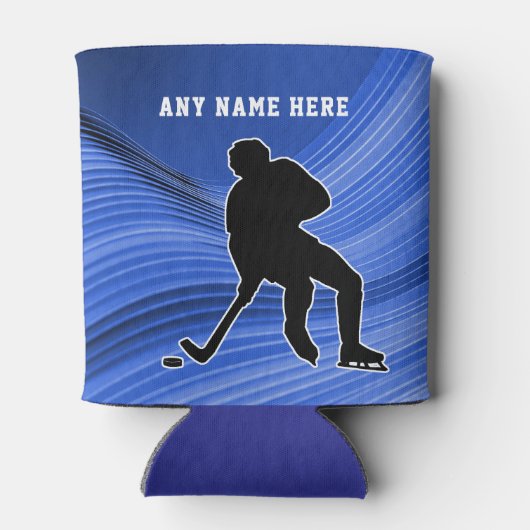 青い背景のホッケープライドプレーヤーのパーソナライズ 缶クーラー (裏面)