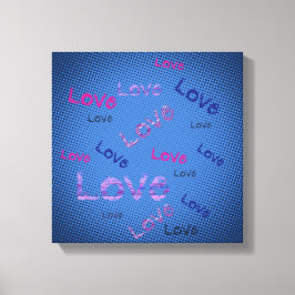青い背景のポップアートのLettering Love キャンバスプリント