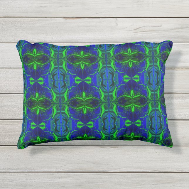 青い背景の上に「緑の線」が浮く図形 アウトドアクッション (正面)