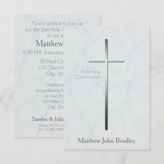 青い背景の初めての聖体拝領招待状 招待状 (正面/裏面)