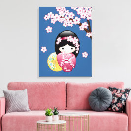 青い背景の可愛いこけし人形 - 日本の芸者 キャンバスプリント